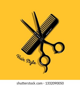 Scissors with comb on yellow background. Hairdressers tools. Design elements for beauty store, card, shop or fashion blog.