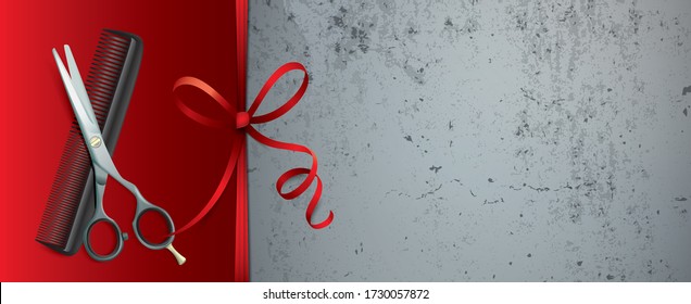 Scissors with comb and red ribbon on the concrete background. Eps 10 vector file.