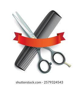 Scissors and comb with red ribbon on the white background. Eps 10 vector file.