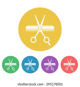 Scissors and comb set of vector colored round icons