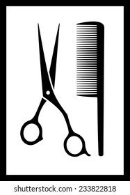 scissors and comb silhouette on black frame - icon with tools symbol for barbershop