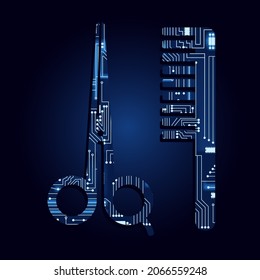 Tijeras y símbolo de peine con circuito electrónico tecnológico. Fondo azul.