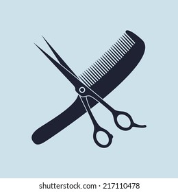 Scissors and comb. Symbols for hair salon. Isolated on blue background. Vector illustration, eps 8.