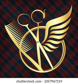 Scissors and comb with wings of gold color