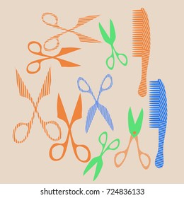 Scissors, combs barber  pattern. Hand drawn.