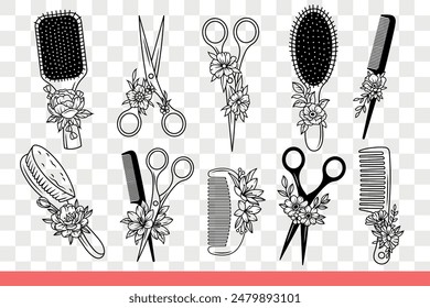 Scissors and combs for hairdressers who do fashionable hairstyles and cut hair. Flowers near scissors with combs to take care of hairdo and get rid of split ends. Hand drawn doodle