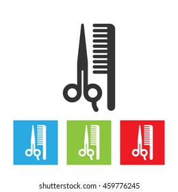 Scissors and comp icons. Shapes of scissors and comb isolated on white background. Flat vector illustration.