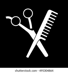 Scissors and comp icons. Shapes of scissors and comb isolated on black background. Flat vector illustration.