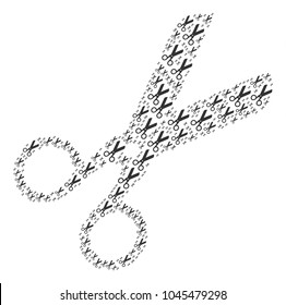 Scissors composition combined in the figure of scissors icons. Vector iconized collage composed from simple icons.