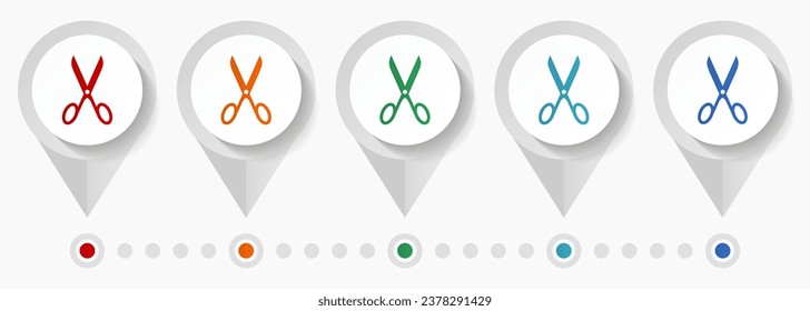 Scissors concept vector icons, editable infographic template, set of colorful flat design pointers