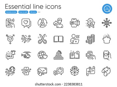 Scissors, Cooking hat and Online voting line icons. Collection of Share, Food delivery, Augmented reality icons. Roller coaster, Dating app, Computer mouse web elements. Outline scissors icon. Vector