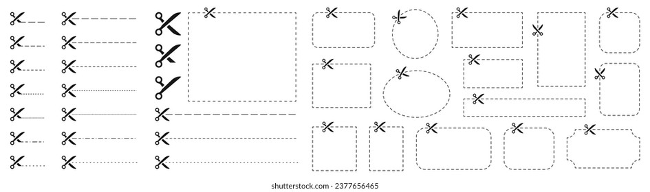 Scheren und Coupon, schneiden Vorlage und gestrichelte Linie. Schwarze Symbole. Geschenkgutschein-Vorlage, Grafikdesign. Coupon-Coupon-Coupon-Code. Einkaufen, Essen und Trinken, Geschäfte. Vektorgrafik.