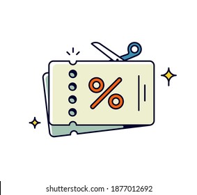 Scissors coupon. Vector. Cinema ticket icon. Discounts and promotions. Outline flat style. Illustration for website or print.