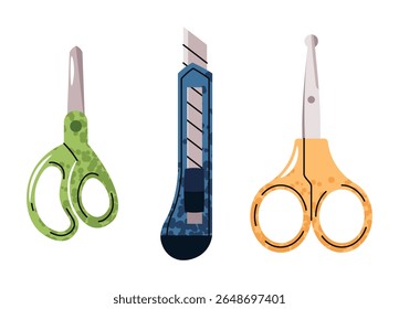 Scissors and Craft Knife Set in Flat Design on White Background. Office and School Cutting Tools for Paper Crafts, Stationery Kits. Ideal for Packaging Design, Educational Materials, Creative Content