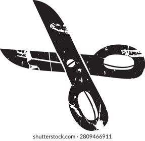 Scissors with crossed blades and chipped texture, bold silhouette with scratched details. Symbol of craft, school supply, cutting, and diy authenticity. Cartoon vector illustration.