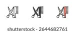 Scissors crossed with comb icon in outline, solid and colorful filled outline styles. Vector haircut icon for barber and hairstylist tool symbol and grooming set.