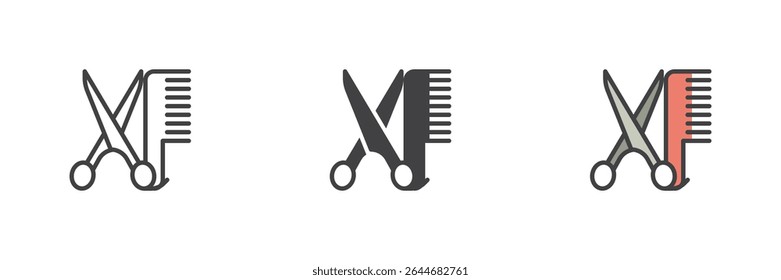 Scissors crossed with comb icon in outline, solid and colorful filled outline styles. Vector haircut icon for barber and hairstylist tool symbol and grooming set.