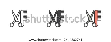 Scissors crossed with comb icon in outline, solid and colorful filled outline styles. Vector haircut icon for barber and hairstylist tool symbol and grooming set.