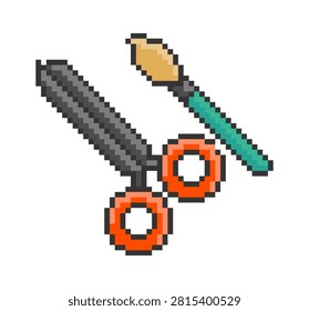 Scissors crossed with a paint brush in retro pixel block style, bold outlines and crisp squares. Symbol of craft, diy, creativity, and maker toolkit synergy. Cartoon vector illustration.