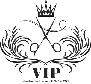 Scissors with crown curl of hair vip symbol for beauty salon and hairdresser