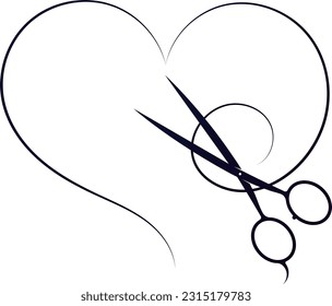 Scissors and a curl of hair in the form of a heart. Design for a beauty salon