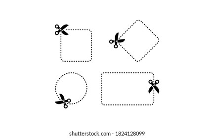 Scissors cut along the contour icon set in black. Vector on isolated white background. EPS 10