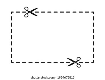 Scissors cut along the contour on a white background. Cut out coupon border rectangle shape. Scissors cutting square line. Vector illustration