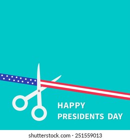Scissors cut american flag ribbon with stars and strips Presidents Day Flat design style. Vector illustration