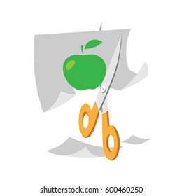 scissors cut the apple from a sheet of paper
