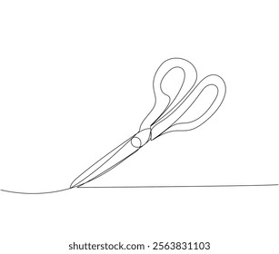 Scissors, cut, applique, careful blades one line art. Continuous line drawing of online learning, school supplies, stationery storage, exam, office supplies, education.