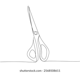 Scissors, cut, applique, careful blades one line art. Continuous line drawing of online learning, school supplies, stationery storage, exam, office supplies, education.