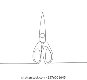 Scissors, cut, applique, careful blades one line art. Continuous line drawing of online learning, school supplies, stationery storage, exam, office supplies, education.