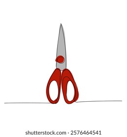 Scissors, cut, applique, careful blades one line color art. Continuous line drawing of online learning, school supplies, stationery storage, exam, office supplies, education.