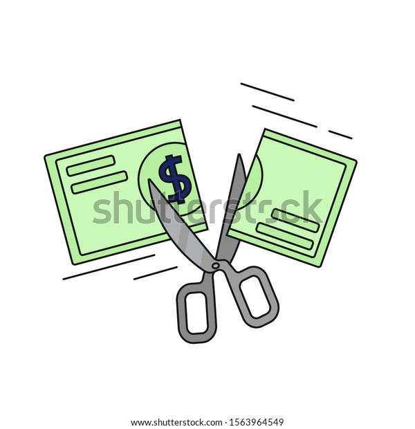 Scissors cut the bill. Dollars are\
cut. Falling rates, lowering mortgage rates. Loss of money. The\
dollar is worth nothing. Vector isolated on white. Flat\
style.