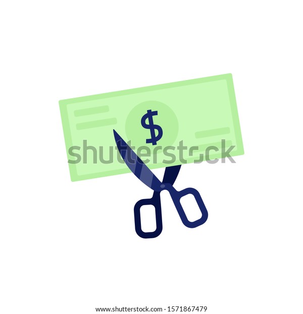 Scissors cut the bill.\
Green bill. Dollar sign. Money, lower rates, credit. Deprivation of\
earnings, money. Cut rates. Vector illustration isolated on a white\
background.