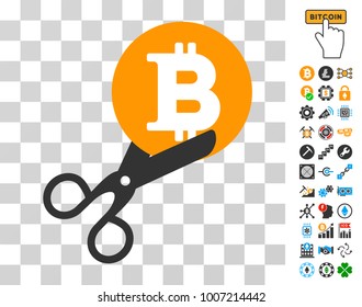 Scissors Cut Bitcoin pictograph with bonus bitcoin mining and blockchain clip art. Vector illustration style is flat iconic symbols. Designed for cryptocurrency ui toolbars.