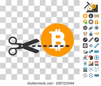 Scissors Cut Bitcoin pictograph with bonus bitcoin mining and blockchain icons. Vector illustration style is flat iconic symbols. Designed for blockchain websites.