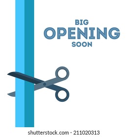 Scissors cut the blue ribbon vector poster with text Ã?Â«Big opening soonÃ?Â» from the right