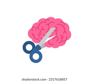 Scissors cut brain. Concept of destruction of mind