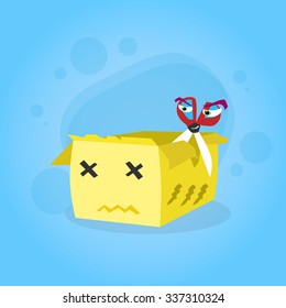 Scissors Cut Cardboard Box Yellow Cartoon Character Sad Unhappy Face Concept Flat Vector Illustration