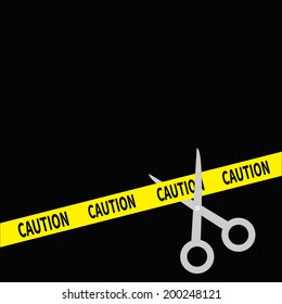 Scissors cut caution ribbon on the right. Flat design style. Vector illustration