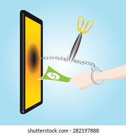 Scissors cut the chain link free to Forced to pay money to smart phone concept, money in hand with shackle link to cellphone smart phone or tablet 