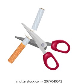 Scissors Cut A Cigarette Isolated On White Background. No Smoking Concept. World No Tobacco Day.Scissor Cutting And Crush Tobacco Cigarette.Quit Smoking Symbol.Tobacco Abuse Refuse.Vector Illustration