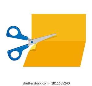 Scissors cut colored paper. Scissors cutting a paper sheet in two parts. Isolated on White background. Bright vector illustration in flat style. 