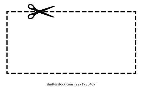 Scissors cut coupon on dotted line with dash icon. Shear trim square rectangular shape coupon or kids cutting practice page along the guide line with dash or dot border. Vector flat illustation.