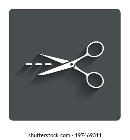 Scissors with cut dash dotted line sign icon. Tailor symbol. Gray flat button with shadow. Modern UI website navigation. Vector