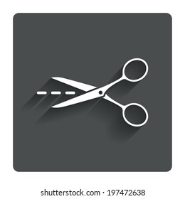 Scissors with cut dash dotted line sign icon. Tailor symbol. Gray flat button with shadow. Modern UI website navigation. Vector