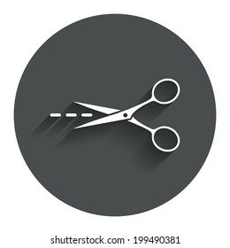 Scissors with cut dash dotted line sign icon. Tailor symbol. Circle flat button with shadow. Modern UI website navigation. Vector