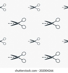 Scissors with cut dash dotted line sign icon. Tailor symbol. Seamless grid lines texture. Cells repeating pattern. White texture background. Vector