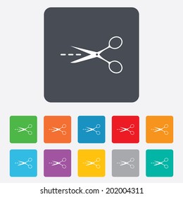 Scissors with cut dash dotted line sign icon. Tailor symbol. Rounded squares 11 buttons. Vector
